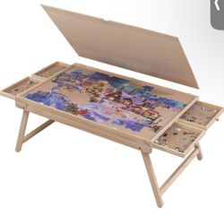 Jigsaw Puzzle Table with 4 Drawers & Cover, Wooden Puzzle Board for Adults & Kids, Portable Puzzle Plateau with Folding Legs & Non-Slip Tabletop for G