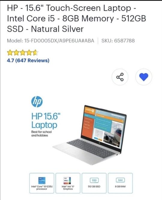 HP 15.6” TOUCHSCREEN LAPTOP- INTEL CORE I5- 8GB MEMORY- 512GB SSD- NATURAL SILVER