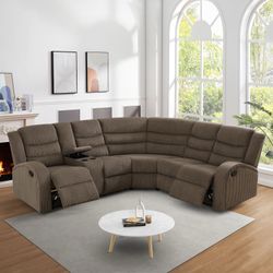 Brown Corduroy Sectional Sofa with Reclining Seats