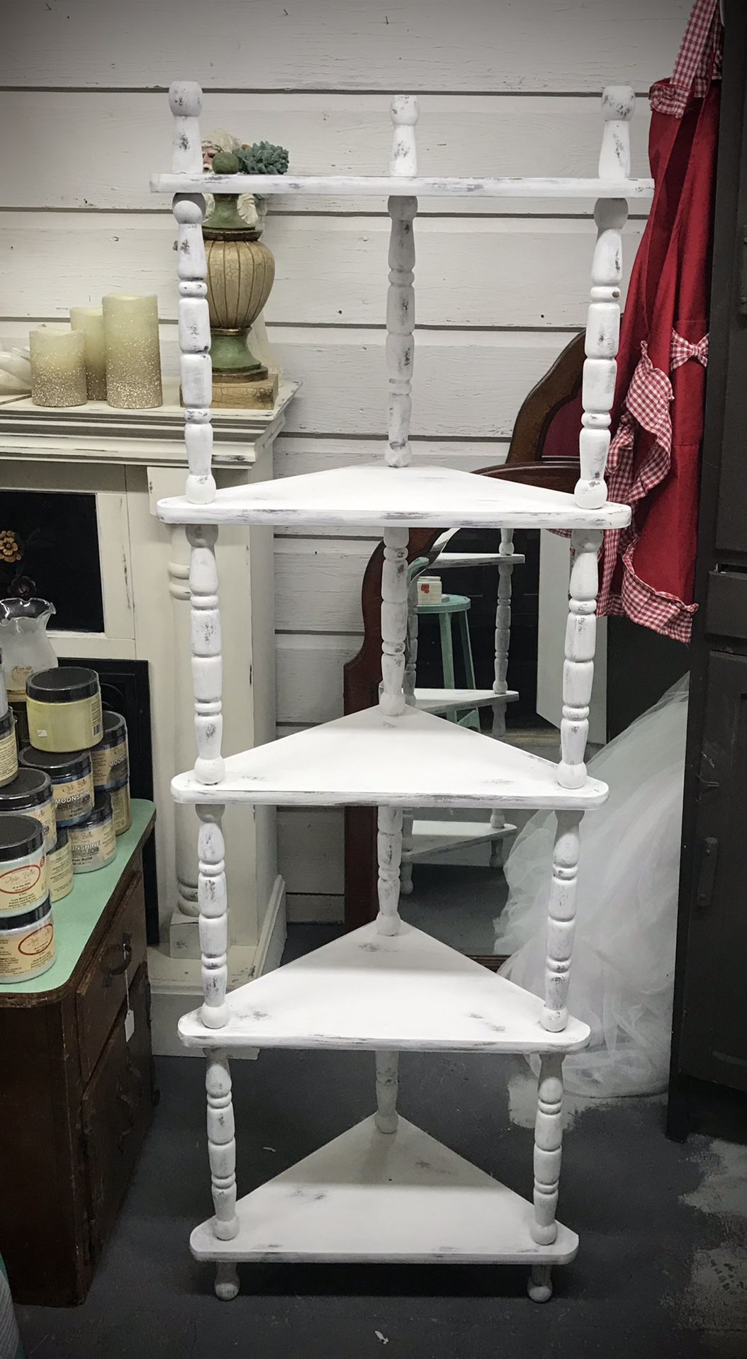 Wooden, White, Distressed, Farmhouse, Shabby Chic, Corner Shelves   Painted with Country Chic Simplicity White, wax sealed.   60” tall, 20.5” wide, 15