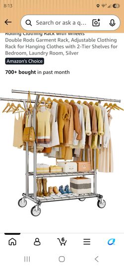 Rolling Double Rod Garment Rack with Shelves