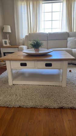 Farmhouse Coffee Table with Drawers and Shelf