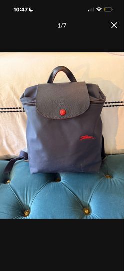 Longchamp Le Pliage Backpack Medium Navy Blue/Red and Silver in Excellent Condition