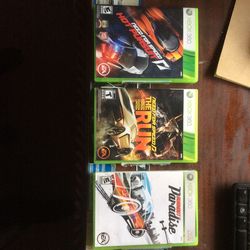 Three Xbox 360 games: Burnout paradise, need for speed the run, need for speed hot pursuit