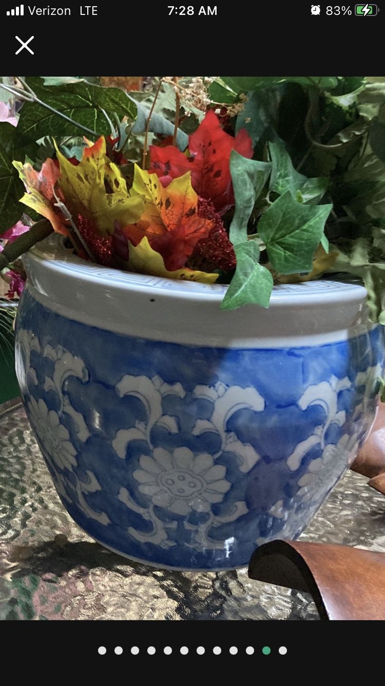 9.25” Tall X 11.25” Top Diameter. Beautiful Vintage Ceramic Blue & White Fishbowl Flower Pot Planter 4 Inside Or Zen Garden. Asian Chinese Chinoiserie