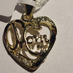 New! 14k Gold Filled!MOM Heart With  Cz Stone 