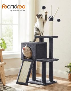 Cat Tree, Small Cat Tower for Indoor Cats, Kittens, Multi-Level Plush Cat Condo, 16.5 x 12.6 x 46.5 Inches, Scratching Post, Ramp, 3 Removable Pompom 