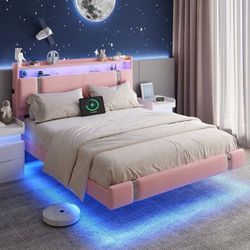 IDEALSOUL Queen Size Floating Bed, Pink