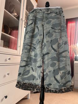 Distressed WCamo Jeans with Leopard Trim - Green
