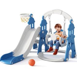 4-in-1 Kids Slide and Swing Set, Toddler Slide with Basketball Hoop