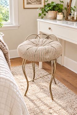 Vintage Brass Vanity Stool – Tufted Boudoir Chair