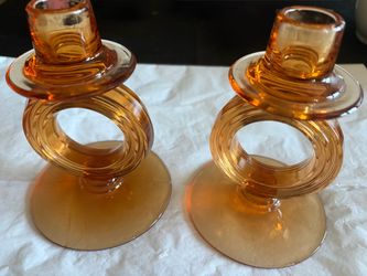 Amber Glass Candlestick Holders Set of 2