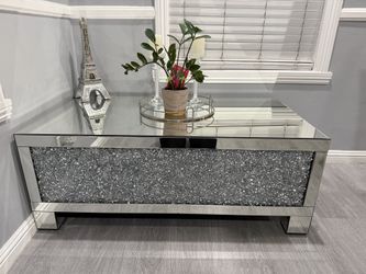 Modern Mirrored Coffee Table with Crushed Crystal Accent