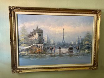 Signed Paris Street Scene Oil Painting Gold Frame