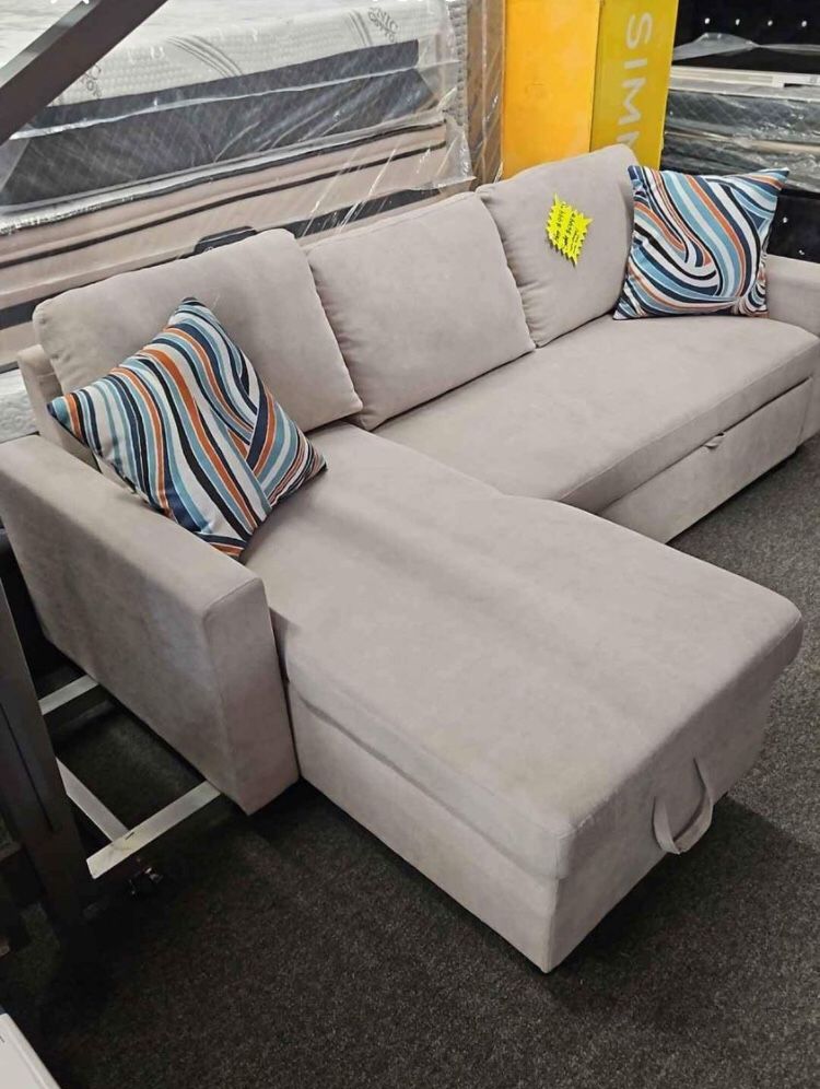 2 pc Sectional Sofa Pull Out With Storage Beige Flannelette Fabric