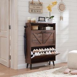 Shoe Storage Cabinet,Farmhouse Shoe Organizer with 2 Flip Drawers & Barn Door Design,Freestanding Hidden Slim Narrow Shoe Rack Cabinet with Open Stora