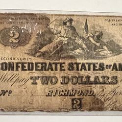 1862 Confederate States Of America $2 Bill