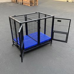 (NEW) $160 Heavy-Duty Dog Cage Crate 37x25x33” Double-Door Folding Kennel w/ Divider, Tray, Wheels 