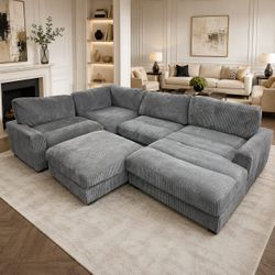 Corduroy modular sectional sofa with ottoman