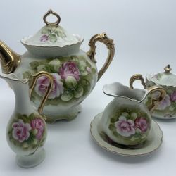 Lefton Porcelain Floral Tea Set Gold Accents Teapot Creamer Pitcher 5pc