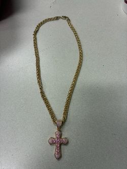Gold Chain Necklace with Pink Crystal Cross Pendant