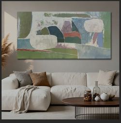 Oversized Green Abstract Canvas Wall Art 29×58 in, Large Horizontal Textured Painting for Living Room Sofa Wall, Neutral Earth Tone Decor