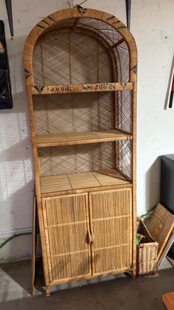 Vintage Rattan Wicker Arched Cabinet