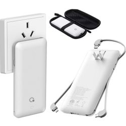 Portable Charger with Built-in Cables and AC Wall Plug,Slim USB C Power Bank 10000mAh,External Battery Pack Compatible with iPhone,Samsung