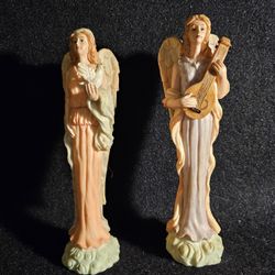 Lot Of 2 Decorative Vintage 9" Resin Angels In Flowing Colored Gowns