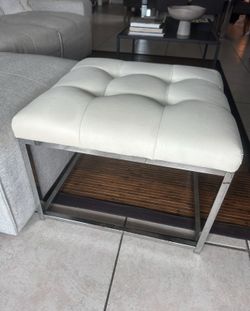 Modern Tufted White Faux Leather Ottoman / Bench - Chrome Base