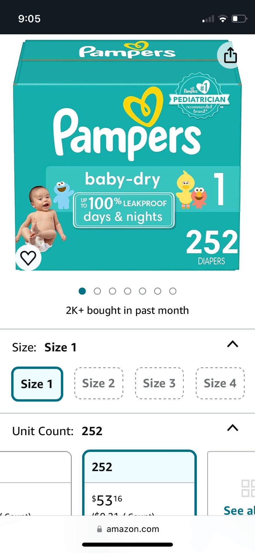 Pampers Size 1 Diapers 252/box