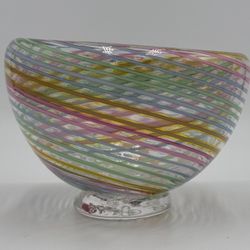 Hand Blown Glass Swirl Pastel Rainbow Footed Bowl Artist Signed 2008