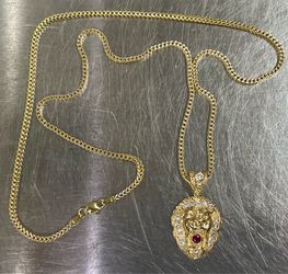 10k Gold Diamond Cut Link Chain w/ 10k Gold CZ’s Ruby Lion Head Charm - 11.8 gr - 24”