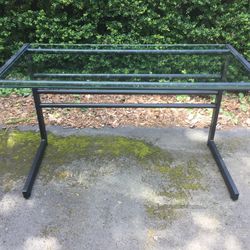 Large Desk, Black Metal And Glass Top 