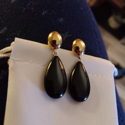 14K YELLOW GOLD BLACK ONYX PEAR SHAPED DROP EARRINGS