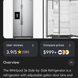 Whirlpool 36” Side-by-Side Refrigerator & Whirlpool stainless steel built-in dishwasher FOR SALE!! 