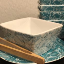 Dishes Lot- 8 Square bowls, 8 plates, Dishes Set Teal and white, floral design