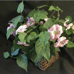 Beautiful Faux Silk Pink Petunia Greenery in Brown Wicker Basket