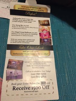 500.00 off for Ambassador Event Center for 250.00