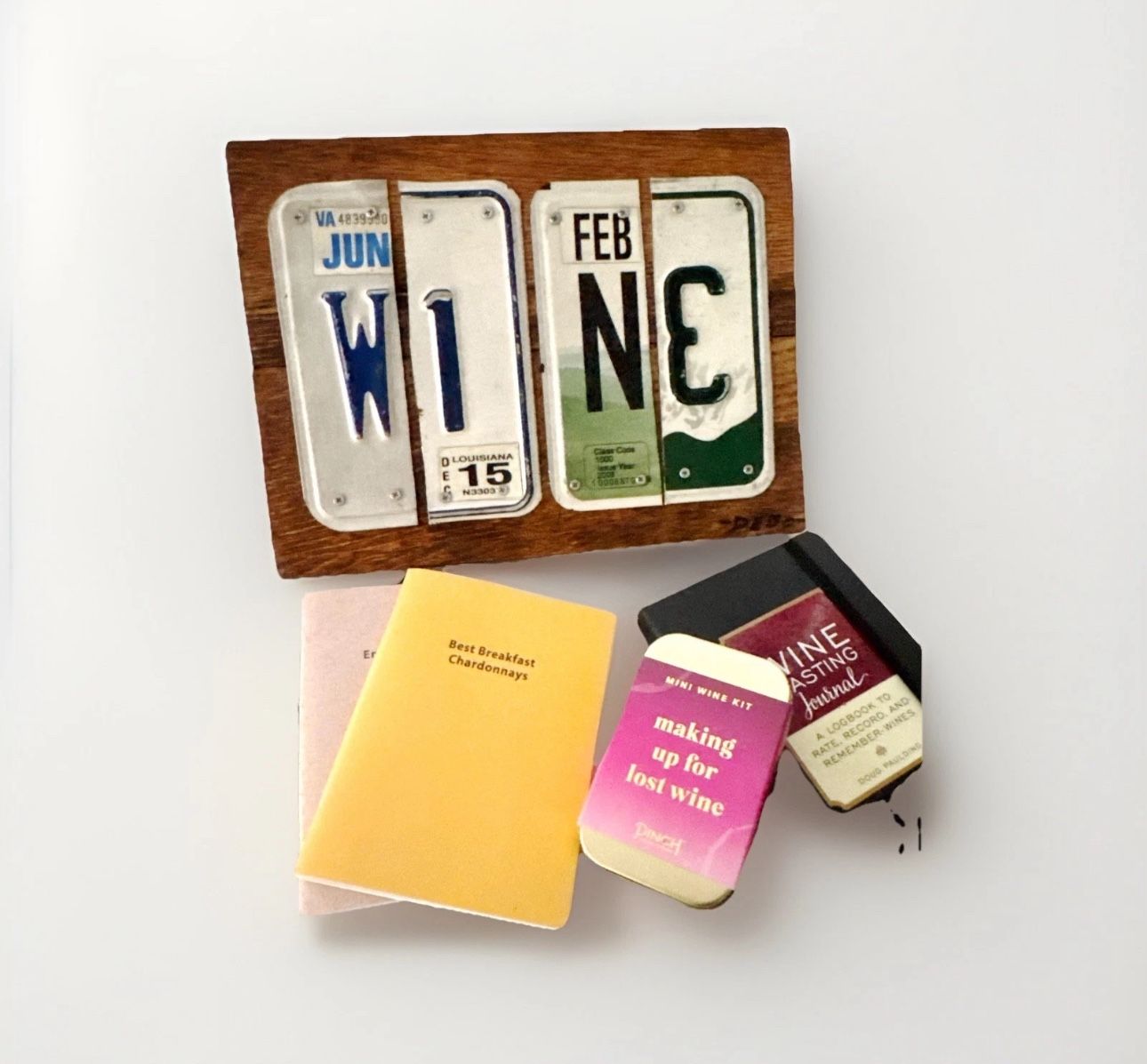 Wine Grab Bag - License plate art, mini wine kit, wine logs, glass nightlight