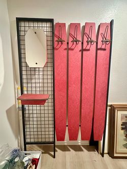 Mid-Century Modern Red Hall Tree with Mirror and Hooks