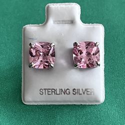 Sterling Silver Cushion Cut Lg. CZ Stud Earrings