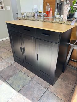 Black Kitchen Sideboard Cabinet with Wood Top – 44” Wide