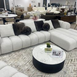 Sectional Sofa - Ivory White Linen Extra Wide Chaise With 8 Accent Pillows 