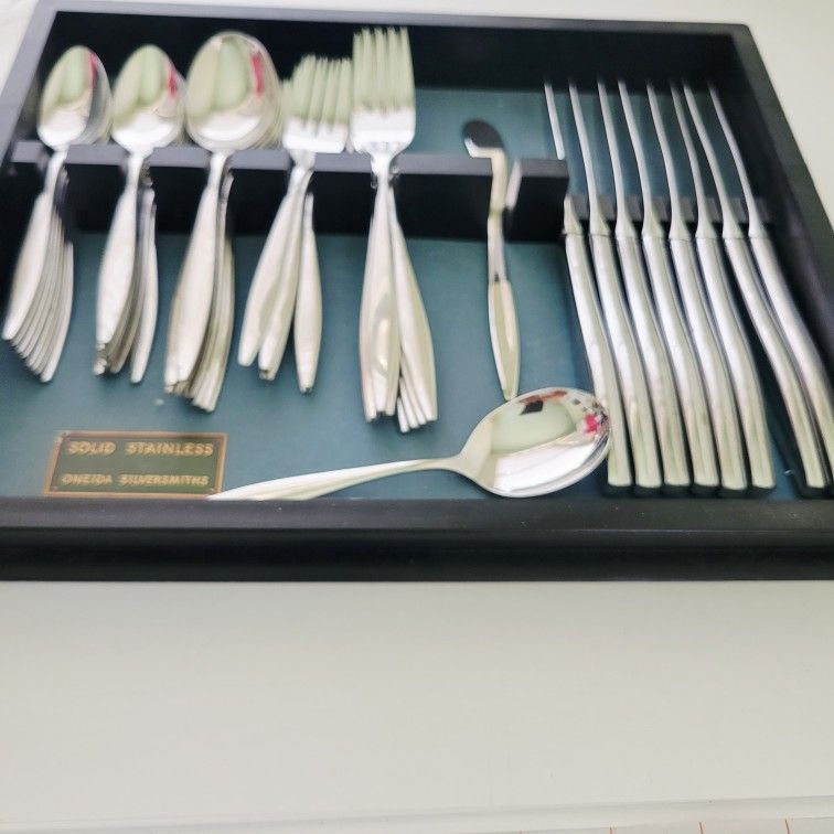 Vtg Scientific Solid Stainless by Oneida Ltd Flatware 50 Pcs Serving For 8