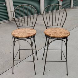(2) Iron Bar Stools w/Woven Rattan Swivel Seats - NICE!