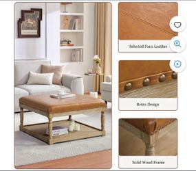 Large Square Ottoman Coffee Table for Living Room, Upholstered Tufted Faux Leather Footrest Storage Ottoman with Solid Wood Shelf, Footrest Stool (Bro