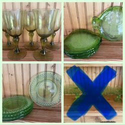 Green glass plates, and glasses