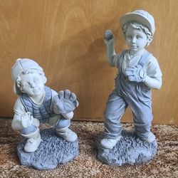 2 Resin Boys Playing Baseball Garden Statues 