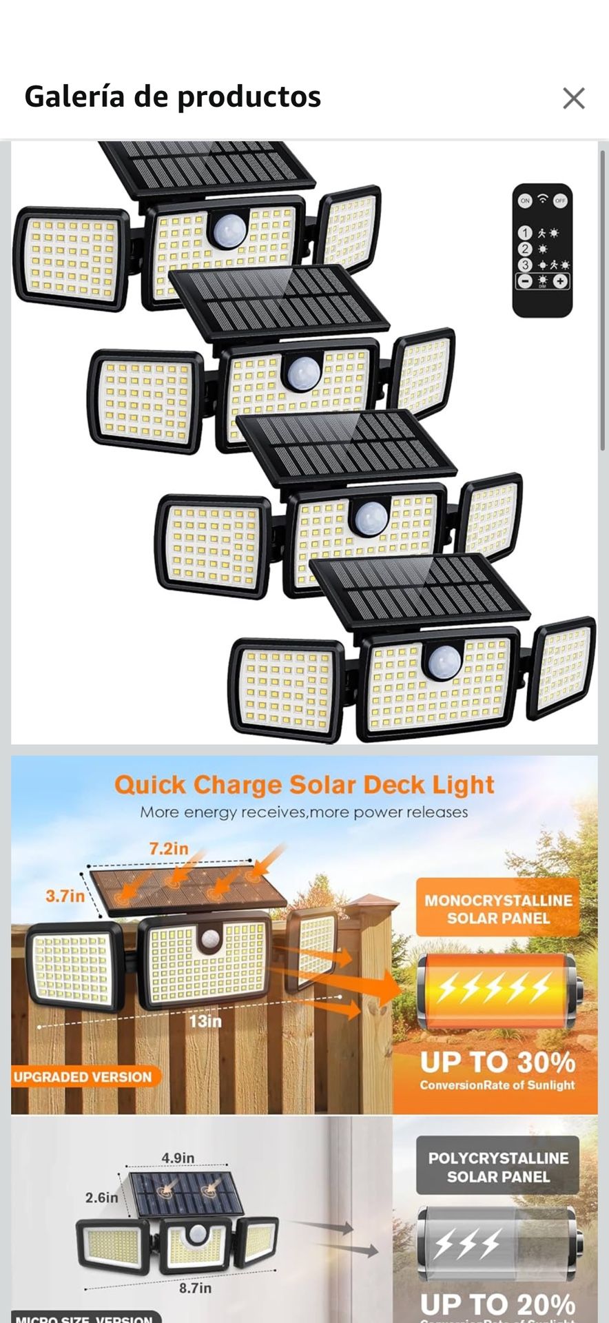 Luces solares para exteriores, luces solares de carga rápida para cubierta con alto brillo, panel de vidrio templado integrado más grande, inductor de